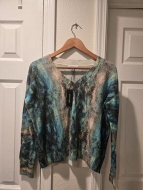 Catherine Gee Aqua and Black V-Neck Cashmere Sweater Sz Sm